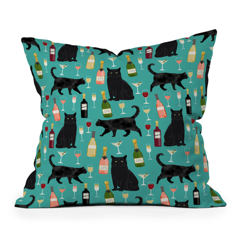 Petfriendly Black cat wine cocktails Throw Pillow