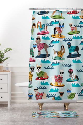 Petfriendly Surfing Dogs cute summer Shower Curtain And Mat