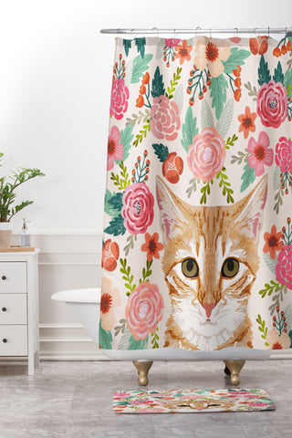 Petfriendly Tabby Cat florals Shower Curtain And Mat