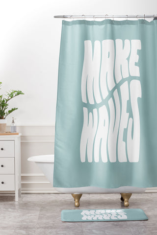 Phirst Make Waves Pale Blue Shower Curtain And Mat