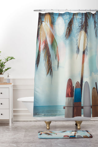PI Photography and Designs Tropical Surfboard Scene Shower Curtain And Mat