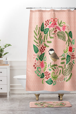 Pimlada Phuapradit bird and christmas wreath Shower Curtain And Mat