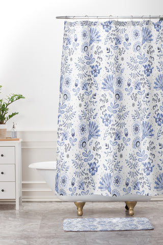 Pimlada Phuapradit Blue and white floral 1 Shower Curtain And Mat