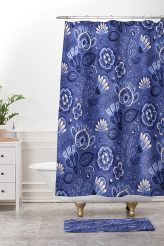 Pimlada Phuapradit Blue and white Floral 2 Shower Curtain And Mat