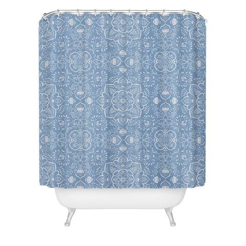 Pimlada Phuapradit Blue and white ivy tiles Shower Curtain