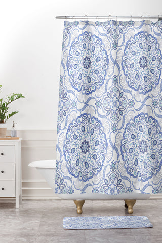 Pimlada Phuapradit Blue and white Paisley mandala Shower Curtain And Mat