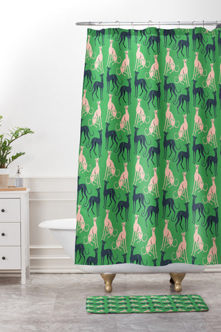 Pimlada Phuapradit Dog Pattern Greyhound Green Shower Curtain And Mat
