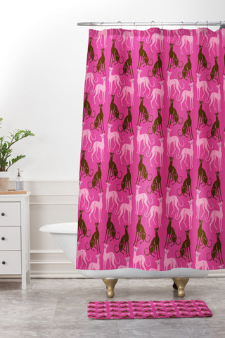 Pimlada Phuapradit Dog Pattern Greyhound Pink Shower Curtain And Mat