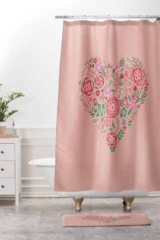 Pimlada Phuapradit Floral Heart Pink Shower Curtain And Mat