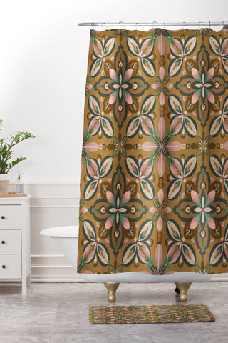 Pimlada Phuapradit Floral tile in yellow ochre Shower Curtain And Mat