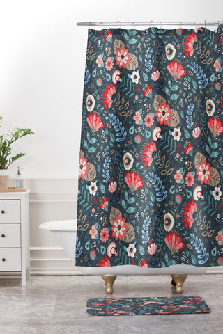 Pimlada Phuapradit Folk Floral Gray Shower Curtain And Mat