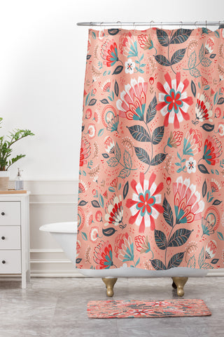 Pimlada Phuapradit Folk Floral Pink Shower Curtain And Mat