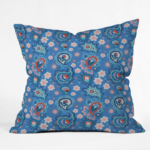 Pimlada Phuapradit Paisley floral blue Outdoor Throw Pillow