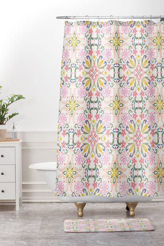 Pimlada Phuapradit Pastel Floral tile Shower Curtain And Mat