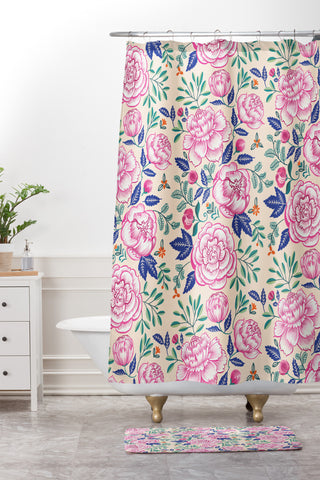 Pimlada Phuapradit Pink Peonies Pattern Shower Curtain And Mat