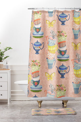 Pimlada Phuapradit Teacups and Butterflies Shower Curtain And Mat