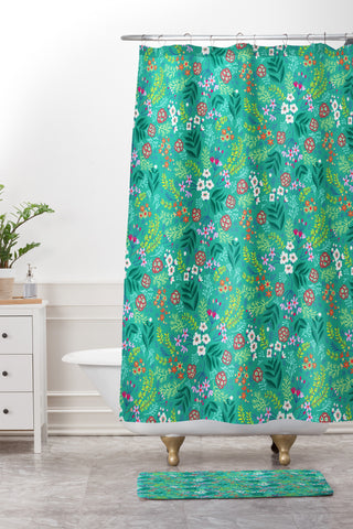 Pimlada Phuapradit Tiny Floral Teal Shower Curtain And Mat