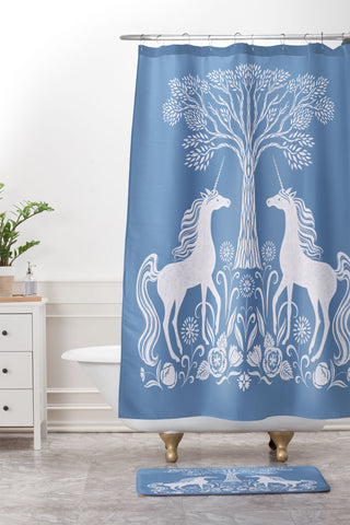Pimlada Phuapradit Unicorn Forest Blue Shower Curtain And Mat