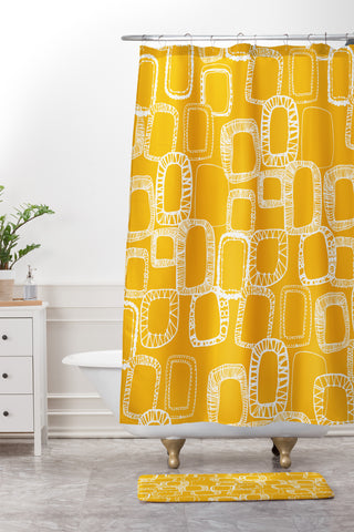 Rachael Taylor Shapes and Squares Mustard Shower Curtain And Mat