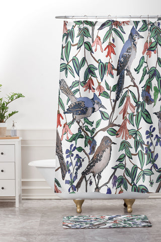 Rachelle Roberts Blue Bird Viney Leaf Shower Curtain And Mat