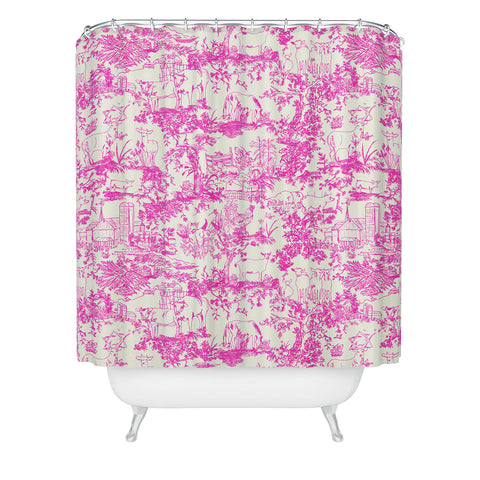 Rachelle Roberts Farm Land Toile In Pink Shower Curtain