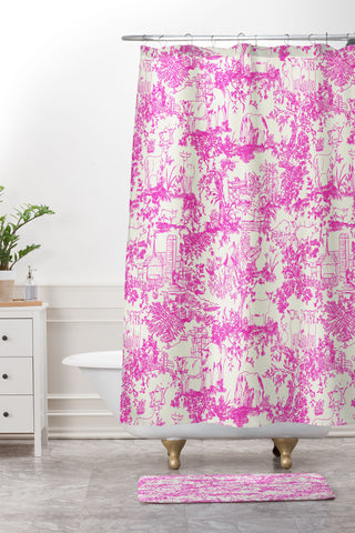Rachelle Roberts Farm Land Toile In Pink Shower Curtain And Mat