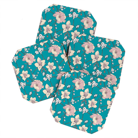 Rachelle Roberts Painted Poppy In Turquoise Coaster Set