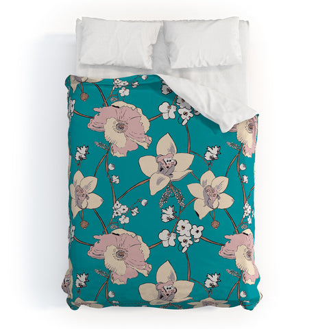 Rachelle Roberts Painted Poppy In Turquoise Duvet Cover
