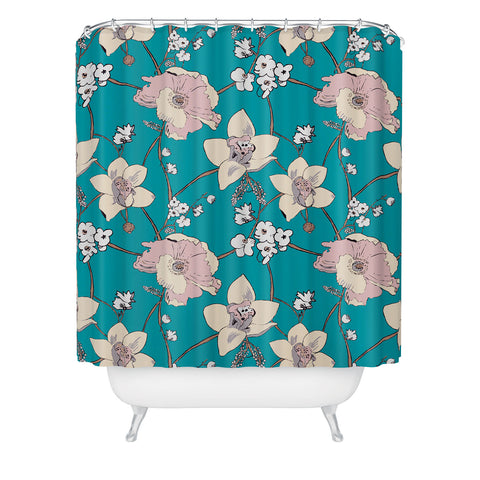 Rachelle Roberts Painted Poppy In Turquoise Shower Curtain