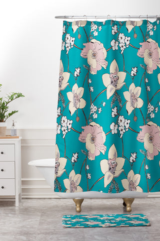 Rachelle Roberts Painted Poppy In Turquoise Shower Curtain And Mat