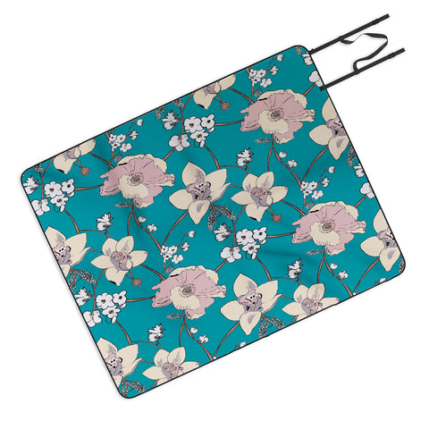 Rachelle Roberts Painted Poppy In Turquoise Picnic Blanket