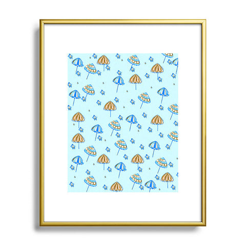 Renie Britenbucher Beach Umbrellas And Starfish Light Blue Metal Framed Art Print