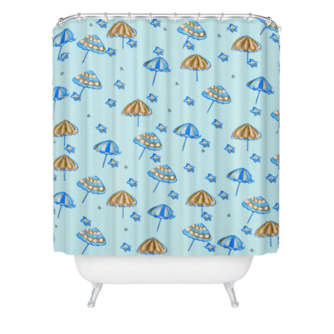 Renie Britenbucher Beach Umbrellas And Starfish Light Blue Shower Curtain