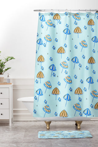 Renie Britenbucher Beach Umbrellas And Starfish Light Blue Shower Curtain And Mat