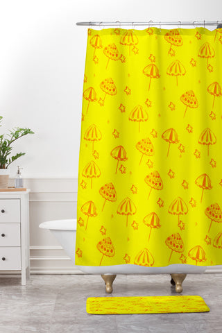 Renie Britenbucher Beach Umbrellas And Starfish Yellow Shower Curtain And Mat