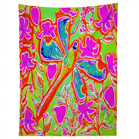 Renie Britenbucher Dragonfly And Flowers In Pink And Green Tapestry