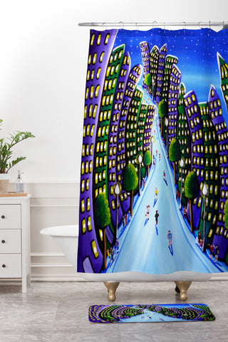 Renie Britenbucher Emerald And Purple City Shower Curtain And Mat