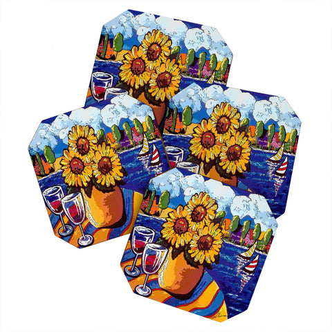 Renie Britenbucher Wine Sunflowers and Sailboats Coaster Set