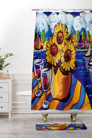 Renie Britenbucher Wine Sunflowers and Sailboats Shower Curtain And Mat