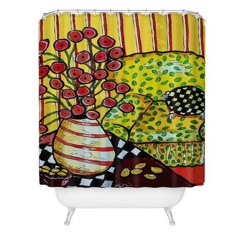 Renie Britenbucher Yellow Chair With Red Poppies Shower Curtain