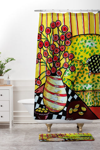 Renie Britenbucher Yellow Chair With Red Poppies Shower Curtain And Mat