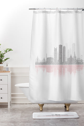 Restudio Designs Boston Skyline 2 Red Reflection Shower Curtain And Mat