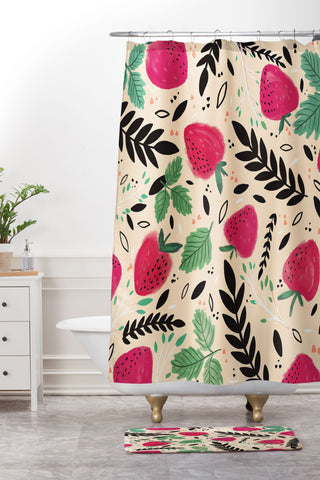 RosebudStudio Strawberry Floral fields Shower Curtain And Mat