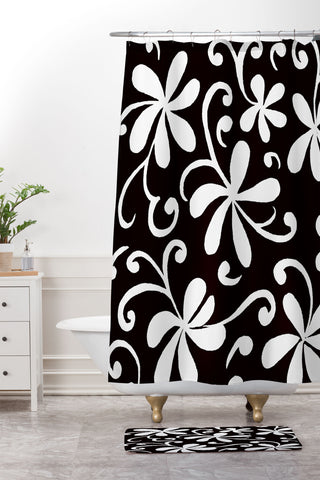 Rosie Brown White on Black Shower Curtain And Mat