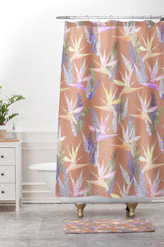 Schatzi Brown Birdie Tropical Blush Shower Curtain And Mat