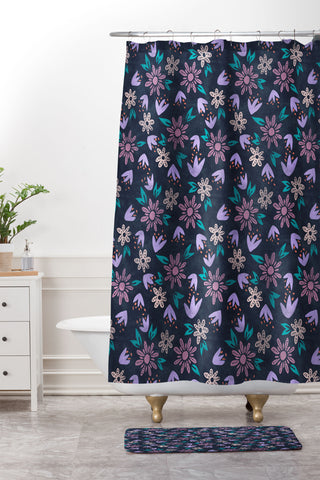 Schatzi Brown Erinn Floral Purple Shower Curtain And Mat