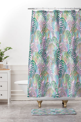 Schatzi Brown Lost in the Jungle pink green Shower Curtain And Mat