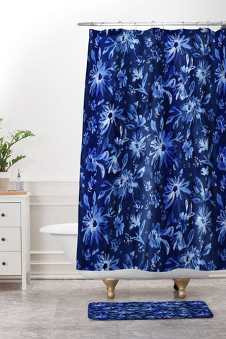 Schatzi Brown Lovely Floral Dark Blue Shower Curtain And Mat