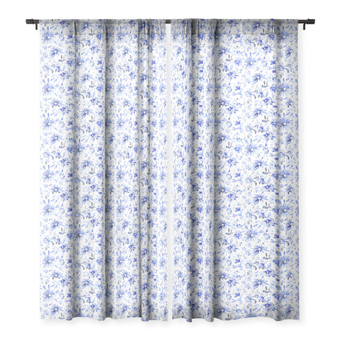 Schatzi Brown Lovely Floral White Blue Sheer Window Curtain