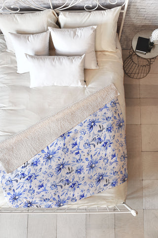 Schatzi Brown Lovely Floral White Blue Fleece Throw Blanket